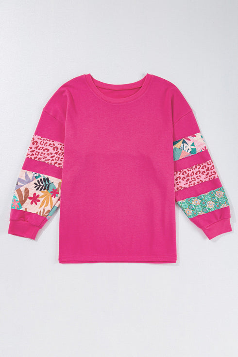 Plus Size Printed Patchwork Sleeve Split Sweatshirt