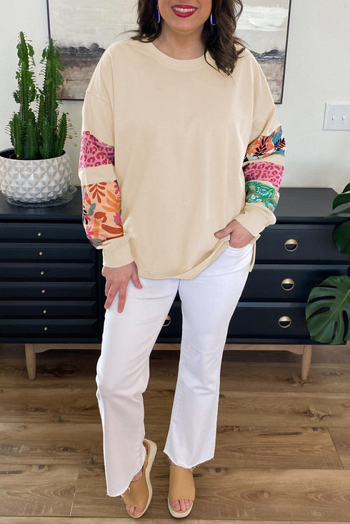 Plus Size Printed Patchwork Sleeve Split Sweatshirt