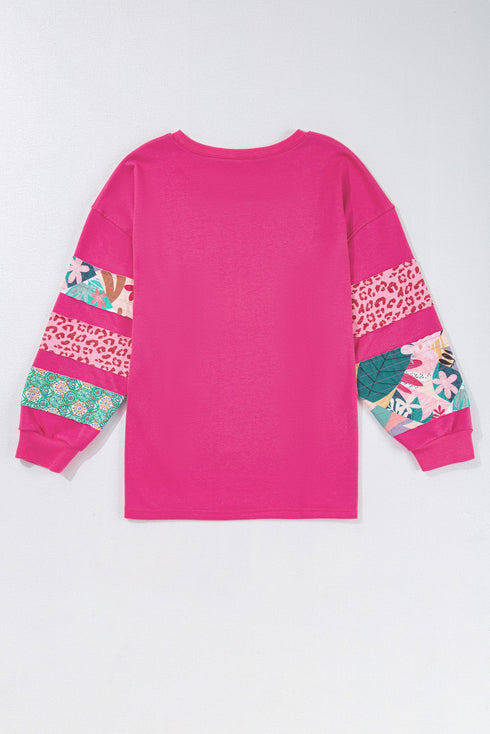 Plus Size Printed Patchwork Sleeve Split Sweatshirt