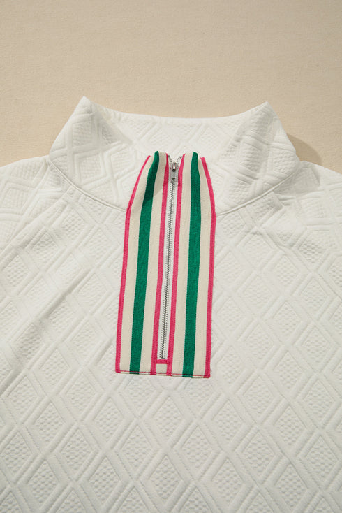 Plus Size Rhombus Textured Contrast Striped Collar Baggy Sweatshirt