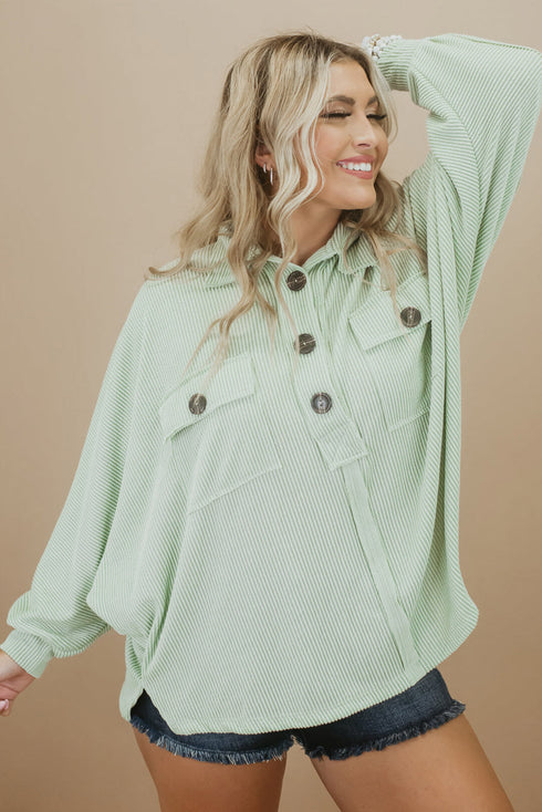 Plus Size Ribbed Pocketed Long Sleeve Henley Top