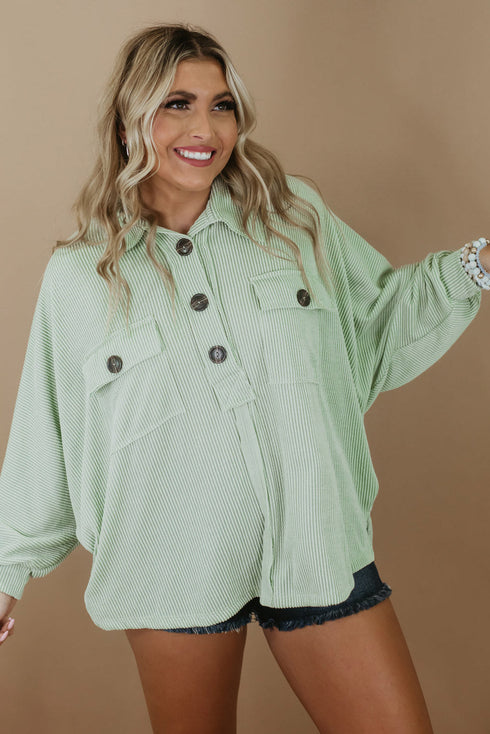 Plus Size Ribbed Pocketed Long Sleeve Henley Top