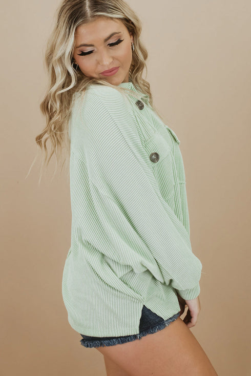 Plus Size Ribbed Pocketed Long Sleeve Henley Top