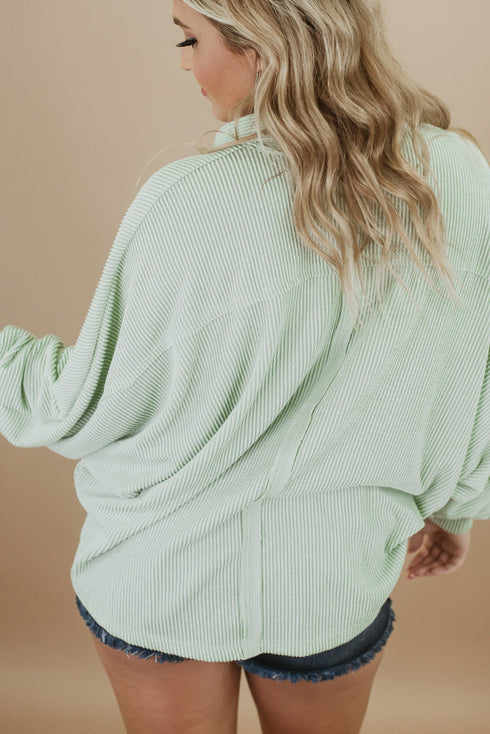 Plus Size Ribbed Pocketed Long Sleeve Henley Top