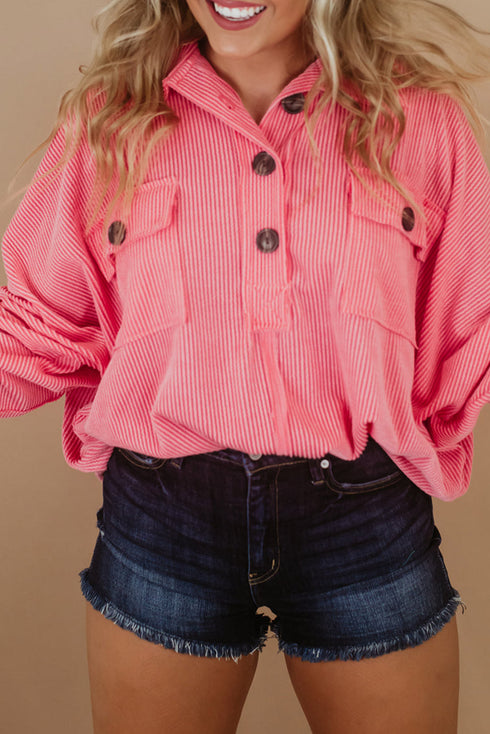 Plus Size Ribbed Pocketed Long Sleeve Henley Top