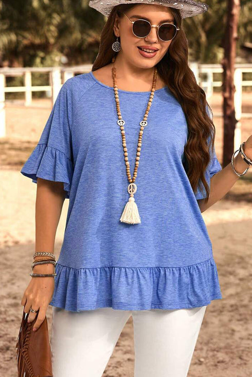Plus Size Ruffle Hem Flutter Sleeve Heathered Knit Top
