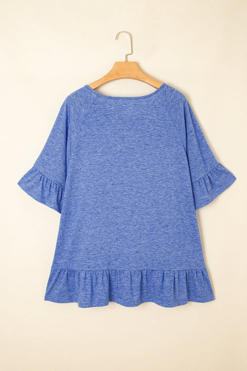 Plus Size Ruffle Hem Flutter Sleeve Heathered Knit Top