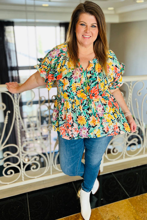 Plus Size Ruffled Short Sleeve Floral Blouse