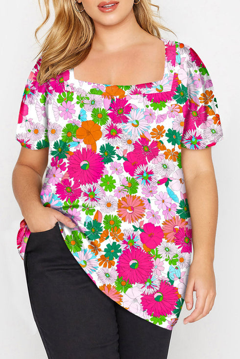 Plus Size Square Neck Ruched Shoulder Short Sleeve Top