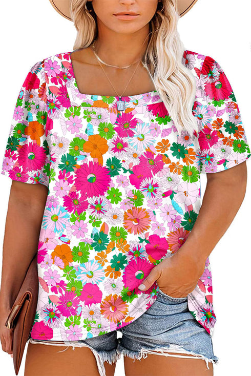 Plus Size Square Neck Ruched Shoulder Short Sleeve Top