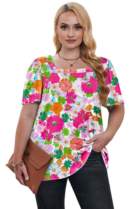 Plus Size Square Neck Ruched Shoulder Short Sleeve Top