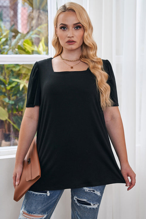 Plus Size Square Neck Ruched Shoulder Short Sleeve Top