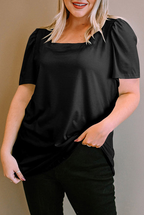 Plus Size Square Neck Ruched Shoulder Short Sleeve Top