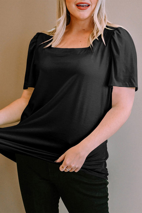 Plus Size Square Neck Ruched Shoulder Short Sleeve Top