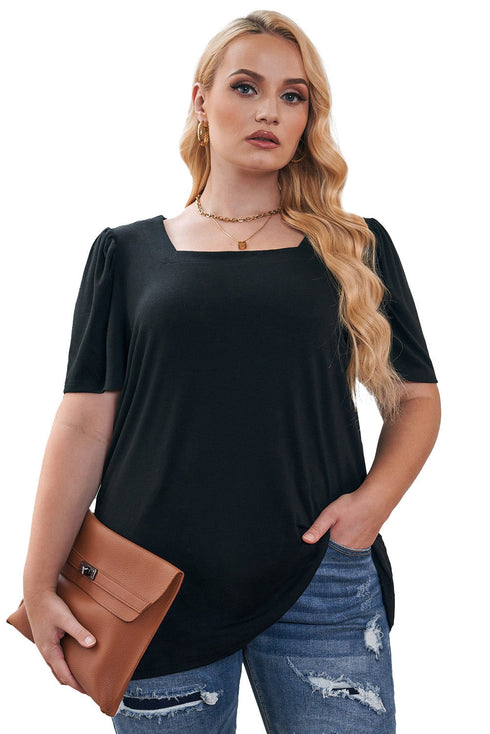 Plus Size Square Neck Ruched Shoulder Short Sleeve Top