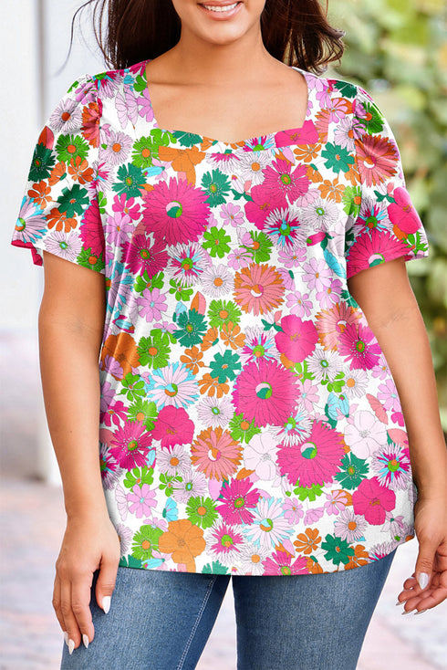 Plus Size Square Neck Ruched Shoulder Short Sleeve Top