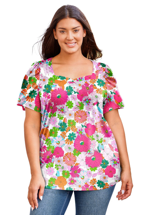 Plus Size Square Neck Ruched Shoulder Short Sleeve Top