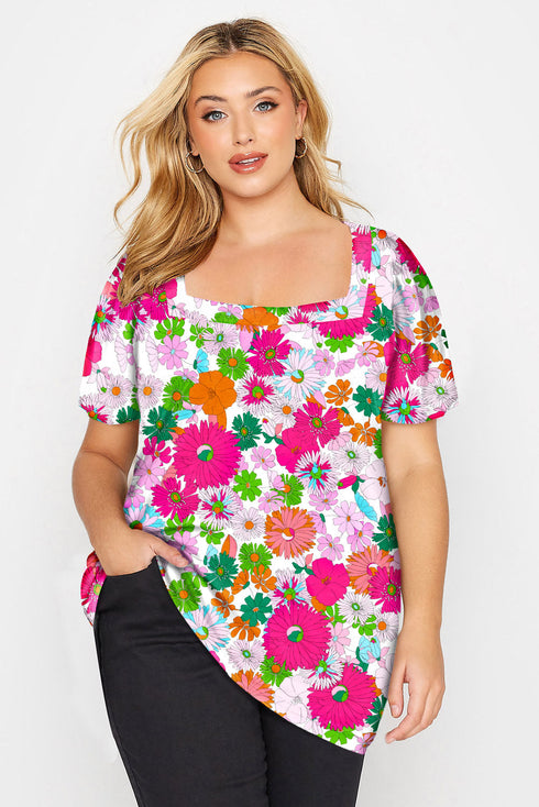 Plus Size Square Neck Ruched Shoulder Short Sleeve Top