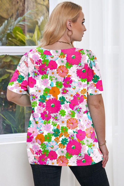 Plus Size Square Neck Ruched Shoulder Short Sleeve Top