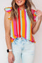 Plus Size Stripe Print Frill Neck Flutter Blouse