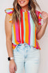 Plus Size Stripe Print Frill Neck Flutter Blouse