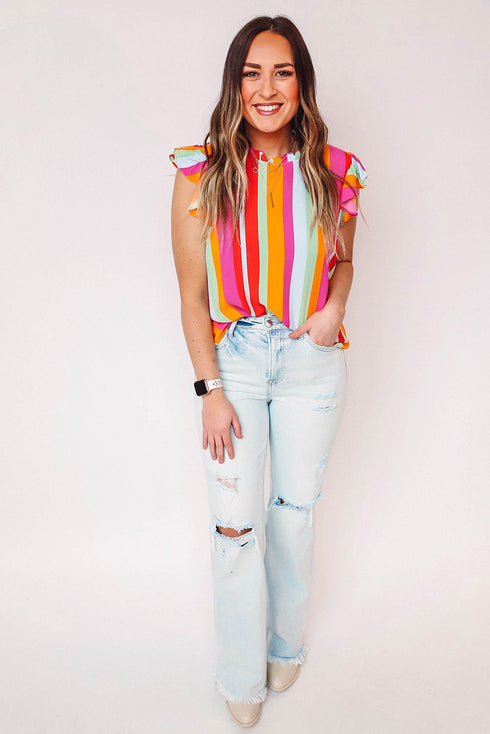 Plus Size Stripe Print Frill Neck Flutter Blouse