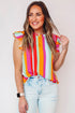 Plus Size Stripe Print Frill Neck Flutter Blouse