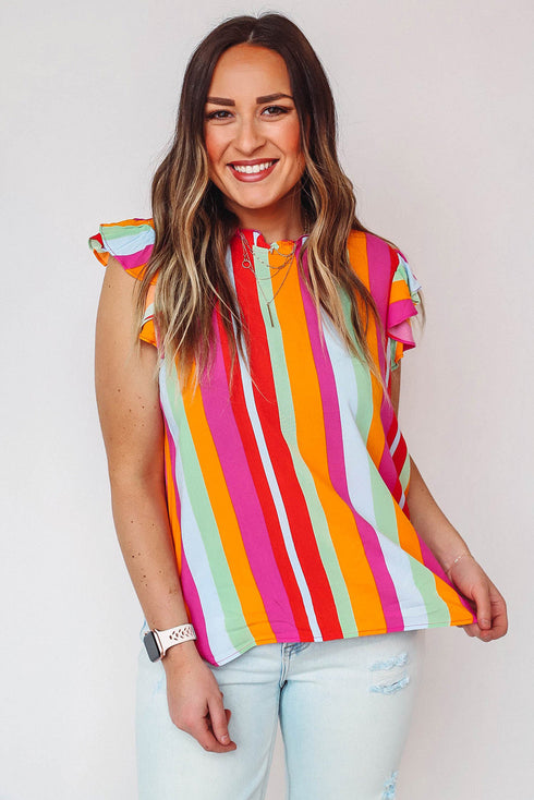 Plus Size Stripe Print Frill Neck Flutter Blouse