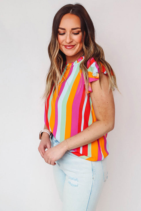 Plus Size Stripe Print Frill Neck Flutter Blouse