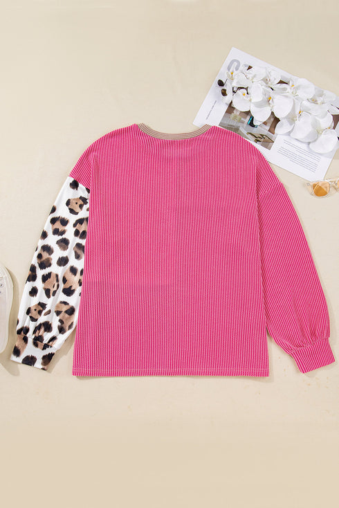 Plus Size Twisted Corded Leopard Patchwork Long Sleeve Top