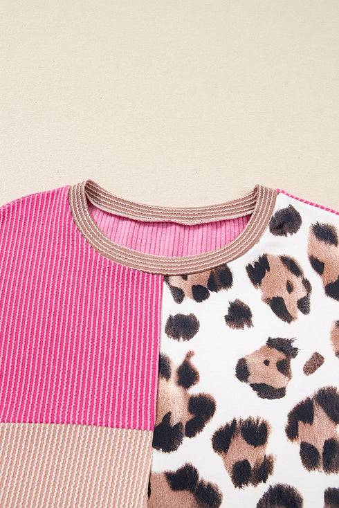 Plus Size Twisted Corded Leopard Patchwork Long Sleeve Top