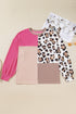 Plus Size Twisted Corded Leopard Patchwork Long Sleeve Top