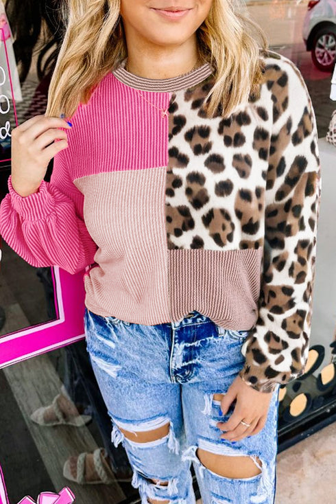 Plus Size Twisted Corded Leopard Patchwork Long Sleeve Top