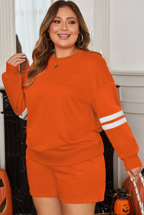 Plus Size Varsity Striped Drop Shoulder Patchwork Loungewear Set