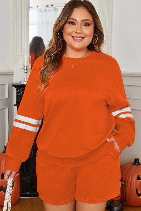 Plus Size Varsity Striped Drop Shoulder Patchwork Loungewear Set