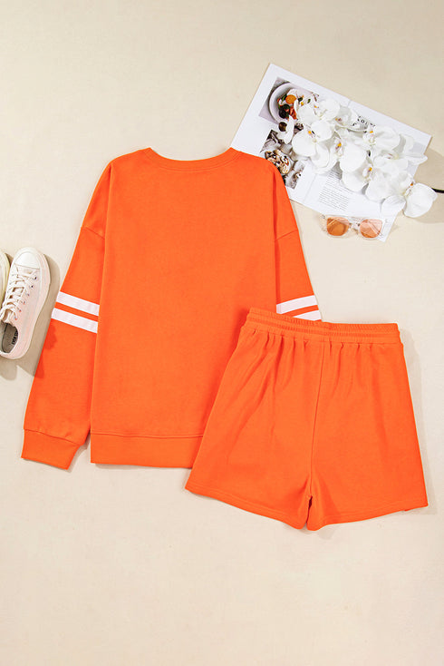 Plus Size Varsity Striped Drop Shoulder Patchwork Loungewear Set