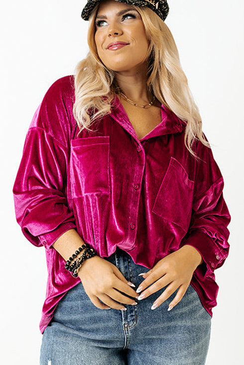 Plus Size Velvet Chest Pocket Drop Shoulder Shirt