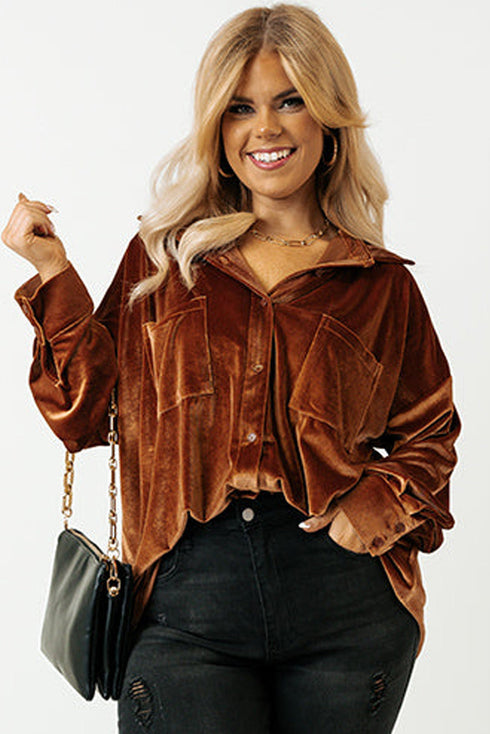 Plus Size Velvet Chest Pocket Drop Shoulder Shirt