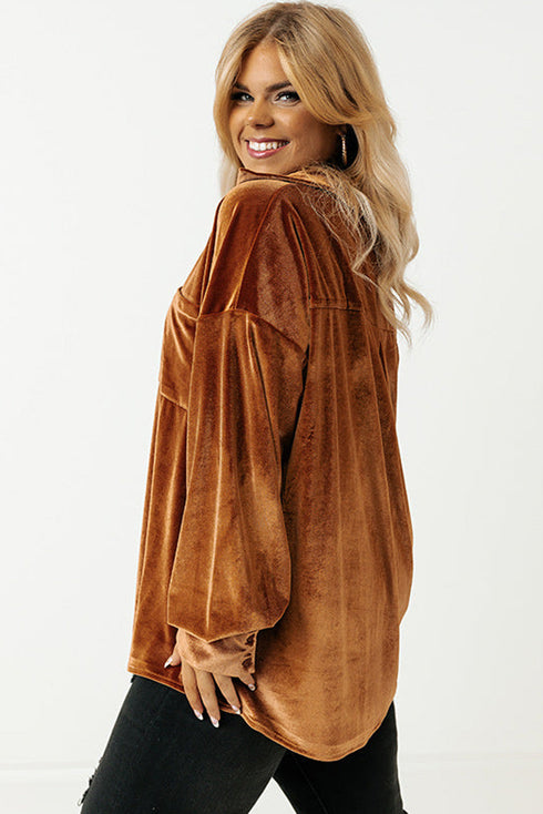 Plus Size Velvet Chest Pocket Drop Shoulder Shirt