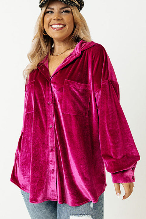 Plus Size Velvet Chest Pocket Drop Shoulder Shirt