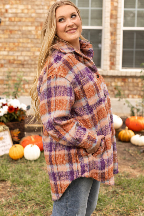Plus Size Western Plaid Fleece Collared Button Up Outerwear