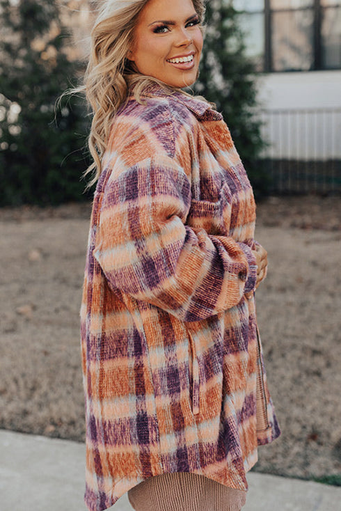 Plus Size Western Plaid Fleece Collared Button Up Outerwear