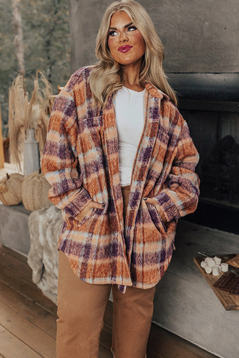Plus Size Western Plaid Fleece Collared Button Up Outerwear