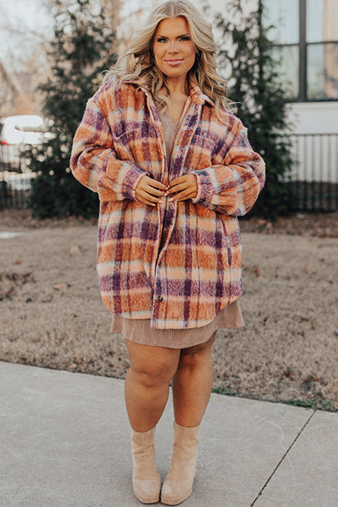 Plus Size Western Plaid Fleece Collared Button Up Outerwear
