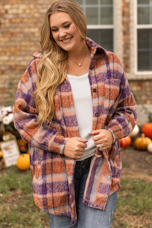 Plus Size Western Plaid Fleece Collared Button Up Outerwear