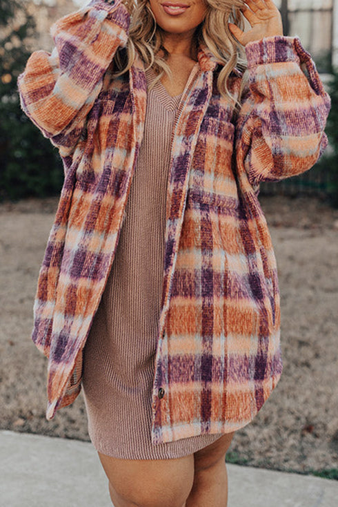 Plus Size Western Plaid Fleece Collared Button Up Outerwear