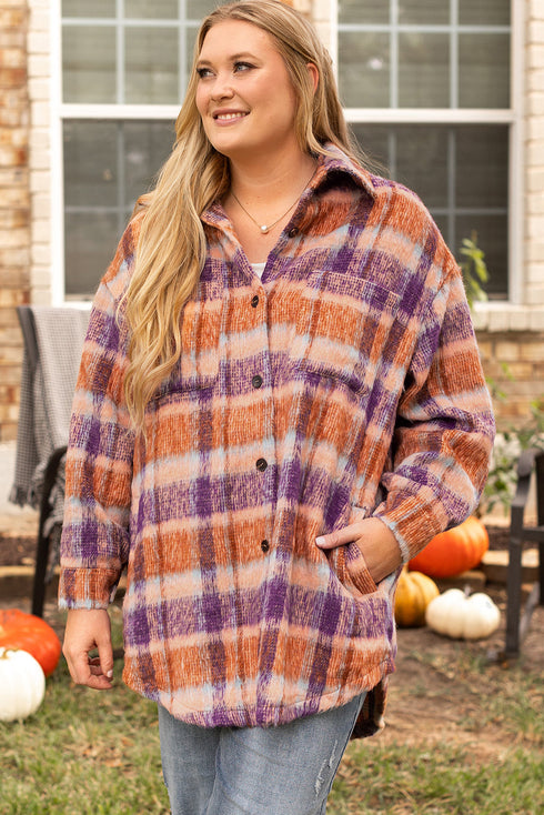 Plus Size Western Plaid Fleece Collared Button Up Outerwear