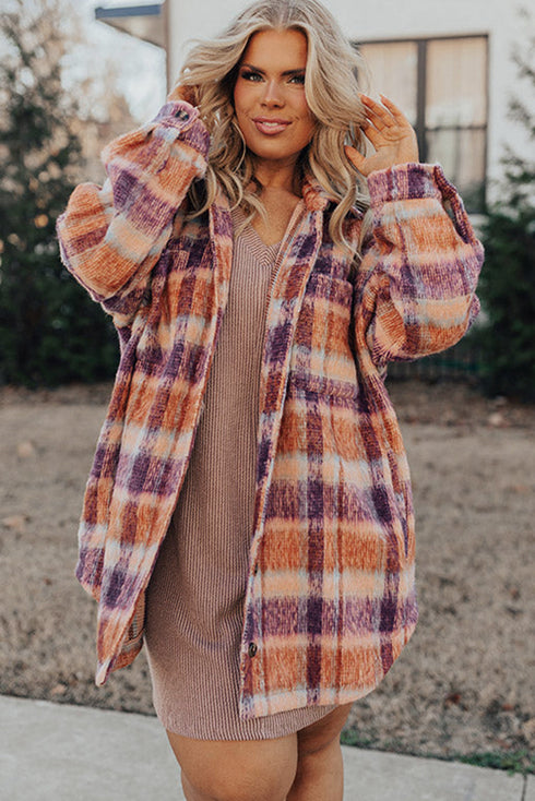 Plus Size Western Plaid Fleece Collared Button Up Outerwear