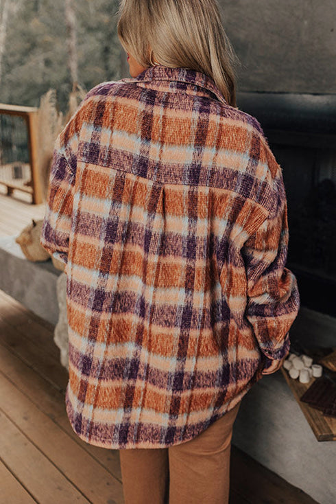 Plus Size Western Plaid Fleece Collared Button Up Outerwear