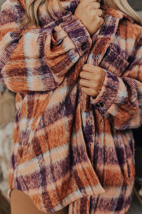 Plus Size Western Plaid Fleece Collared Button Up Outerwear